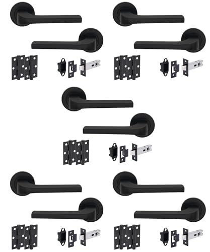 Hunta HANDLEZONE Vento Matt Black Internal Door Handle Pack - 5 Pack - Lever on Rose Set - 76mm Tubular Latch (57mm Backset) & 2 Ball Bearing Hinges - Passage for Internal Wooden Doors