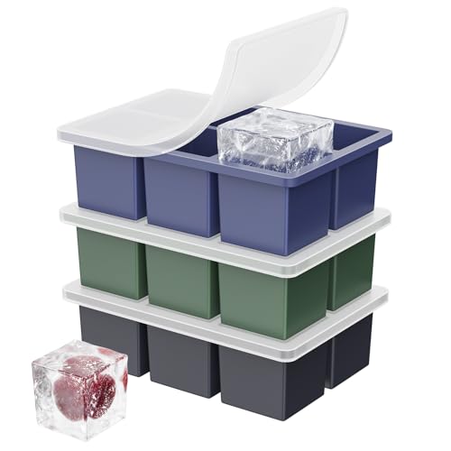 Image of Large Ice Cube Tray for Whiskey: 2inch Big Silicone Ice Cube Trays with Lid - Old Fashioned Ice Trays for Cocktail - Square Bourbon Ice Cube Maker for Whisky