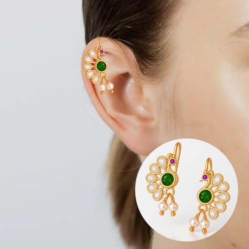 Image of VAMA FASHIONS 18K Gold Plated Anti Tarnish Half Moon Peacock Shape Traditional Maharashtrian Press on Bugadi Upper Ear Clip on Earrings For Women & Girls