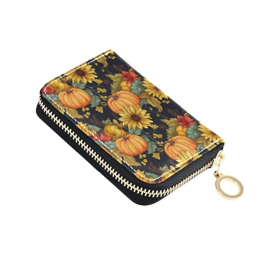 Thanksgiving Pumpkin Sunflower RFID Credit Card Holder Leather With Zipper Card Case Wallet for Women Girls