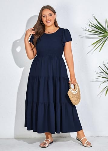 KIMCURVY Women's Plus Size Summer Casual Dress Crew Neck Flutter Short Sleeve Smocked Tiered Maxi Dress with Pockets3