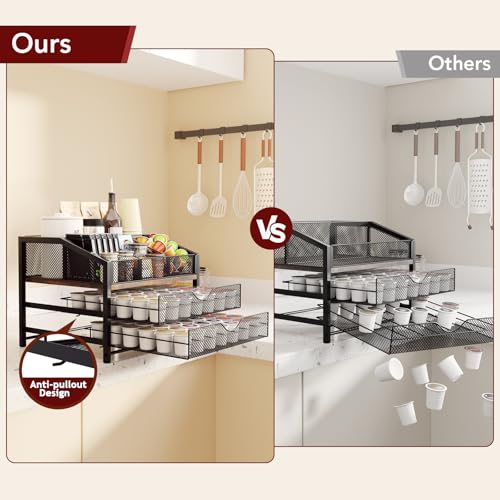 Image of Homsorout Coffee Bar Organizer - Coffee Station for Countertop, Metal and Wood K Cup holder Storage Basket for Coffee Pods, Syrup, Cups, Stirrer, Coffee Condiment, Tea Organizer, Black and Brown