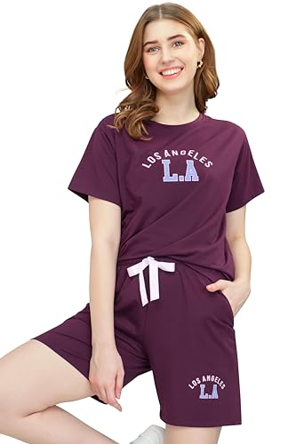 Image of ZEYO - Women's Cotton Typography Printed Night Suit Pajama Set of Top & Shorts