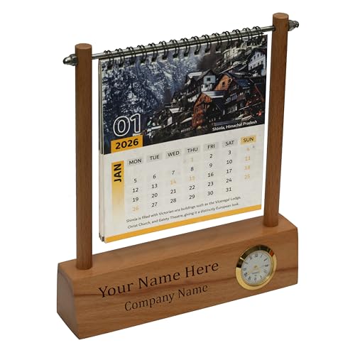 Image of Deskart Personalized Desktop Calendar | Wooden Customized Lifetime Infinity Calendar with Clock and Personal Name Marking | Foldable for Home Decor, Office Desk and Study Table (Octo Personalized)
