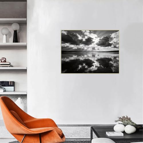 Tableau paysage noir et blanc Lac Nuages 2 grand format 80x105cm cadre argenté - 2