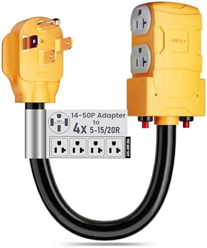 MECMO 50 Amp to 20 Amp 110V RV Distribution Adapter, NEMA 14-50P to 4 X 5-20R/15R RV 4-Prong to Mutiple Household Outlet w/ 20amp Circuit Breaker, UL Listed RV Generator Distribution Cord