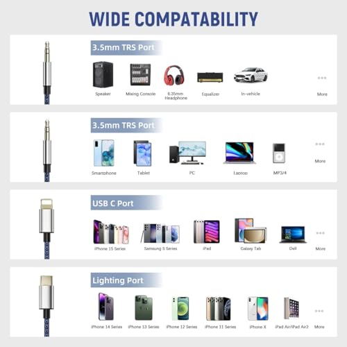 Image of Verilux 3-in-1 USB C Lighting 3.5mm to AUX Cable 1.2M /3.9Ft, AUX Cable for Speakers with Lighting /USB-C /3.5mm Ports for iPhone 17 /16 /15 /14 /13 /12, iPad, Galaxy S25 /S24 /S23, Car, Earphone