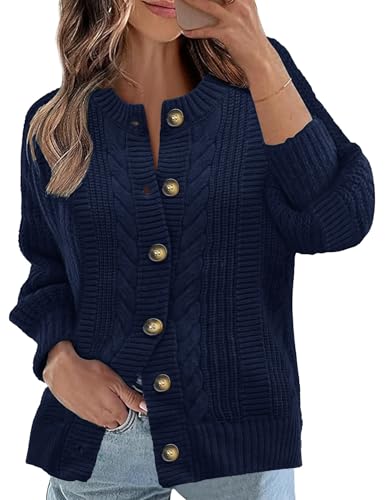 Ladies Long Sleeve Cable Knit Cardigan Crewneck Button Open Front Sweaters for Women (Navy Blue XXL)