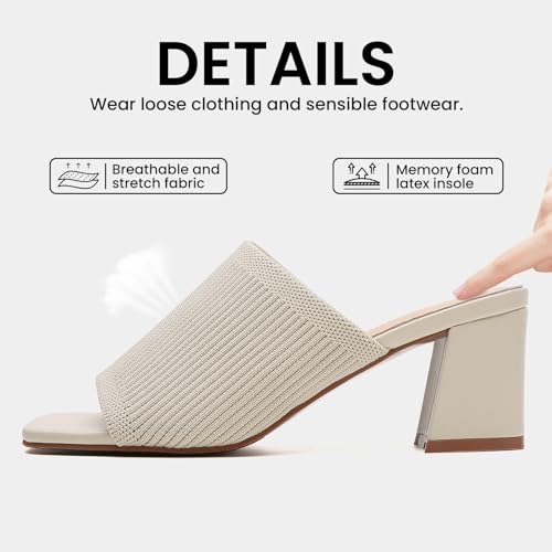 Image of Tilocow Knit Heeled Sandals for Women Square Open Toe Heeled Mules Chunky Block Low Heel Slip On Slides