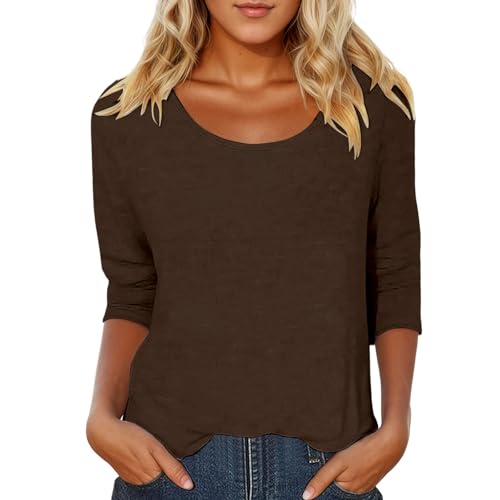 Camiseta Informal de Manga 3/4 con Cuello Escotado y Estampado de Color Liso para Mujer (Brown, XL)