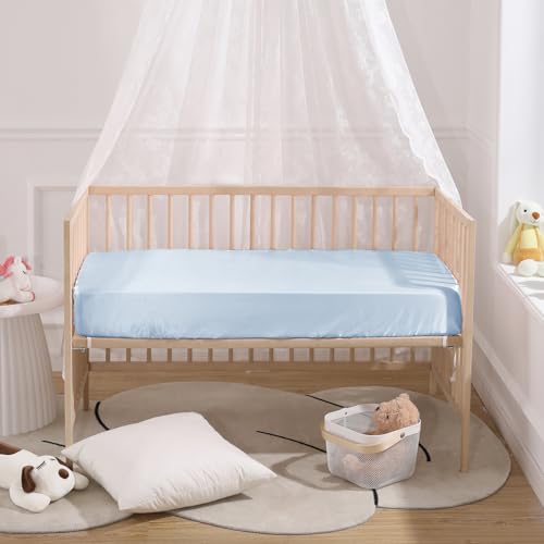 Image of SiinvdaBZX 2 Pcs Satin Crib Sheets for Baby, Fog Blue & Light Blue | 52 x 28 Inch Silk-Like Soft Fitted Crib Sheets Baby Mattress Sheets for Standard Crib, Toddler Mattress, with 8 Inch Pocket