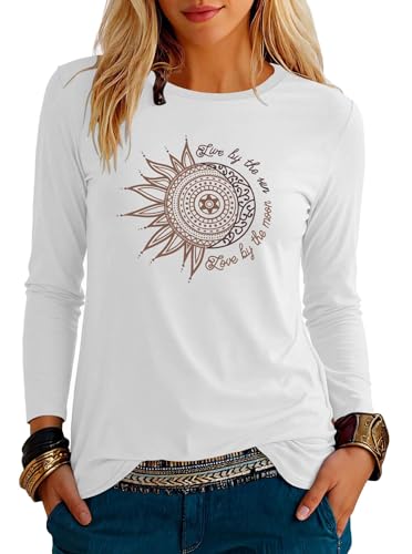 Teesho Damen Tshirt Langarm Rundhals Oberteile Basic Shirts Casual Longshirt Drucken Pullover Herbst Tops Tunika（Weiß/M