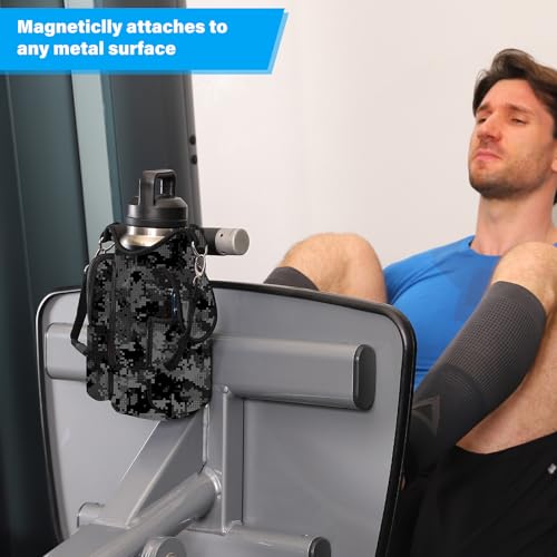 Image of icolor Magnetic Gym Bag Water Bottle Holder with Phone Pockets,5 Built-in Magnets Gym Magnetic Bag Pouch Attach to Fitness Equipment,Diameter 3.9 inch Bottle Carrier Sling Bag