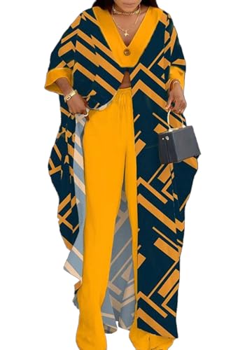 LROSEY Fall African 2 Piece Outfits Caftans for Women Floral V Neck Long Cardigan Cover Up Wide Leg Pants Sets Plus Size