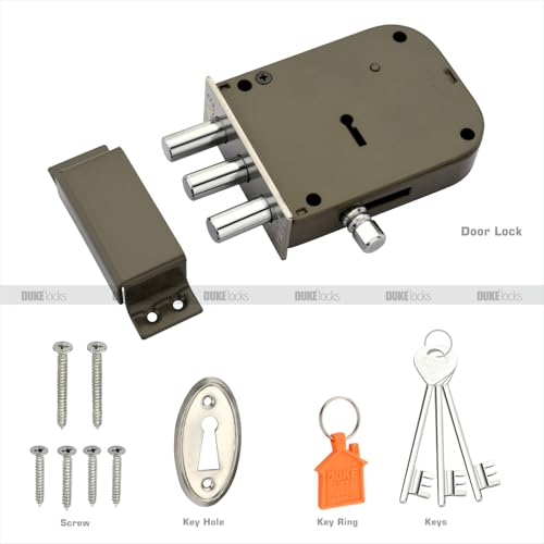 Image of DUKE Bullet 2-1 100MM Heavy Main Door Lock with 3 Solid Bullet & 6 Levers Lock 100mm Double Action Locking with 2 Chrome Finish Keys Grey