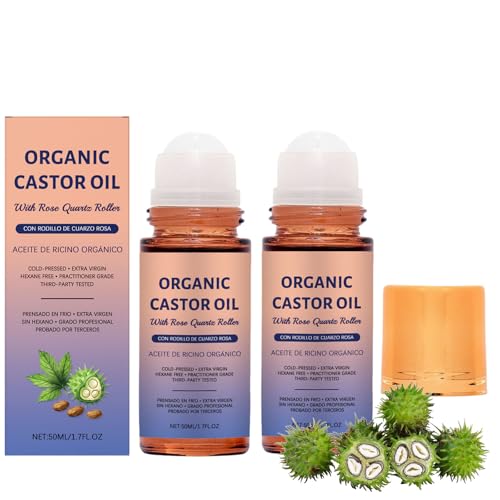 Organic Castor Oil Rose Quartz Roller Ball Cold-Pressed Deep Moisturizing & Nourishing 100% Pure Castor Oil Organic Cold Pressed for All Skin Types (2PCS)