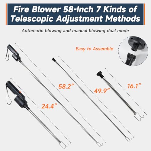Telescoping Electric Fire Blower, Blow Poke Fireplace Tool - 2-in-1 Fire Poker & Bellows for Indoor Fireplace, Outdoor Camping, BBQ, Wood Stove & Fire Pit, Portable Collapsible Fire Starter Tool.