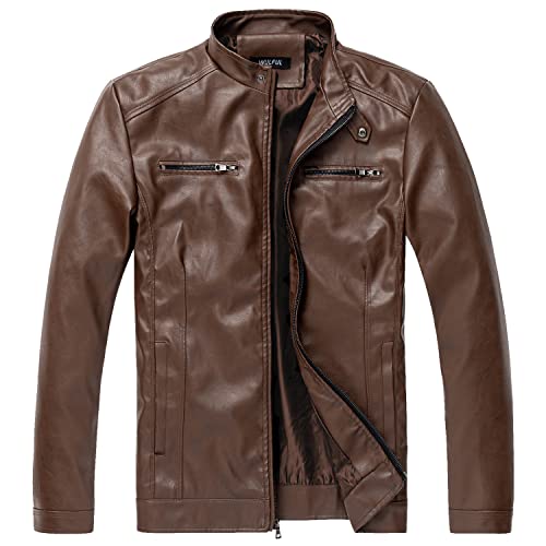 WULFUL Men's Stand Collar Leather Jacket Motorcycle Lightweight Faux Leather Outwear, Brown1303, Medium