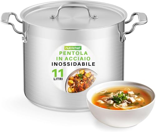 12 QUARTI: La pentola grande in acciaio inossidabile NutriChef ha una capacità di 12 quarti e pesa 2,5 kg con coperchio, la dimensione perfetta per bollire uova, cuocere a fuoco lento brodi e zuppe o preparare salse per una grande folla. Ottimo per la cucina commerciale e casalinga