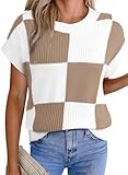 EVALESS Fall Sweaters for Women 2025 Round Neck Short Sleeve Sweater Vests Trendy Color Block Knit Cap Sleeve Blouses Tops Womens Spring Winter Outfits Fashion Clothes Khaki Large