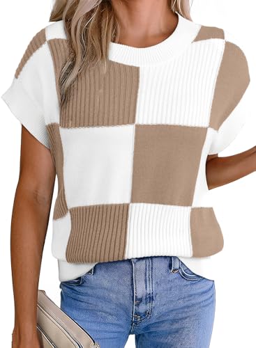 EVALESS Short Sleeve Sweater for Women Crewneck Color Block Knit Tops 2025 Fall Trendy Cap Sleeve Sweater Vest