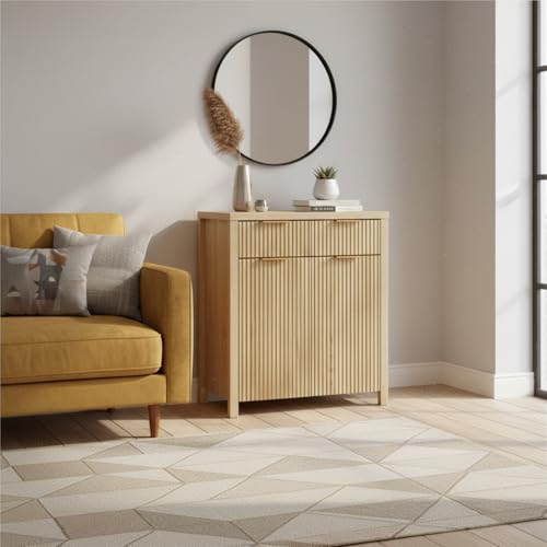 Image of Panana 2-Door 2-Drawer Storage Cabinet, Farmhouse Ribbed Style Sideboard for Kitchen, Living Room, Entryway (Oak)
