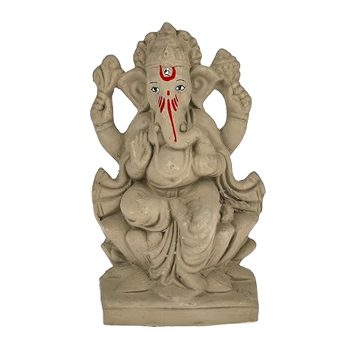 Image of SAUDEEP INDIA 6 Inch Mitti Ganesh Idol | Eco-Friendly Handcrafted Mud /Clay Ganesh Murti | Ganpati Figurine for Visarjan | Biodegradable Mushak Ganesha Statue | Ganesh Chaturth (Lotus Ganesh)