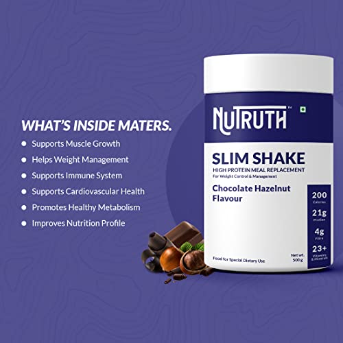 Image of High Protein Meal Replacement Chocolate Hazelnut Flavoured Slim Shake + 500 Ml Shaker | 21 Gm Protein /Serving | Weight Control & Management Protein Shake (500 Gm)