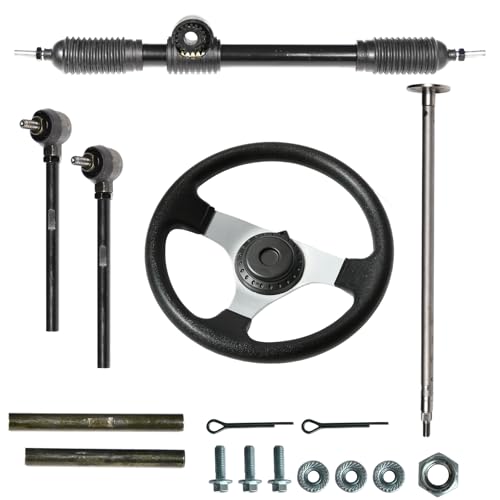 JNDO Go Kart Steering Gear Assembly 17.7 steering shaft + 19.3 rack and pinion steering + 6.9 Tie Rod End + 11.8 steering wheel for Coleman KT196/CK196 196cc Kandi 110cc