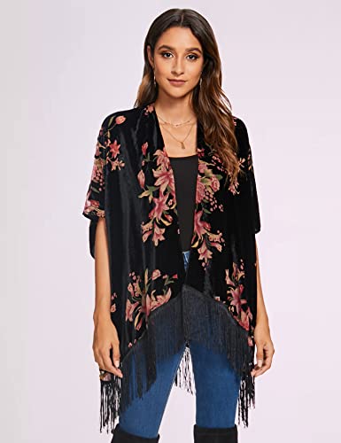 Image of MJ SERECA Women's Burnout Velvet Kimono Cardigan Cover Up with Tassel