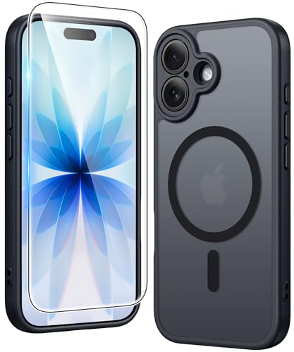 FNTCASE for iPhone 17 Case Matte: Magnetic Translucent Phone Cases with Screen Protector and Lens Protection Durable Textured Rugged Shockproof Protective Slim Cell Cover 6.3 inch (C-Black)