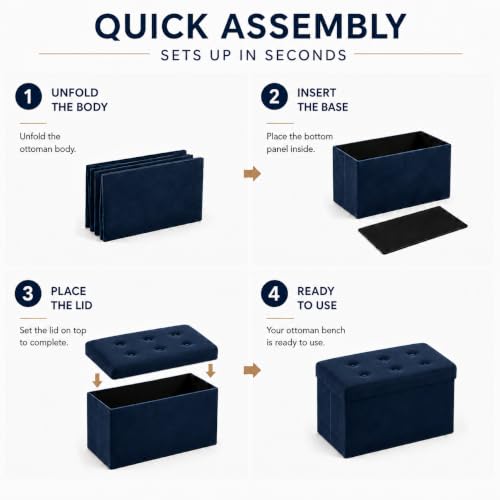 Image of ALASDO 30 Inch Folding Storage Ottoman Bench with Hidden Storage, Velvet Storage Ottoman Foot Rest Stool, End of Bed Bench for Bedroom, Living Room, Entryway and Closet, Navy Blue
