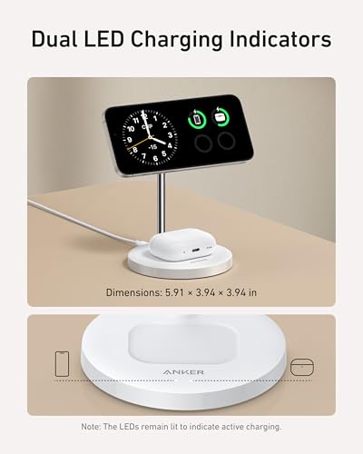 Image of Anker MagGo 2-in-1 MagSafe Compatible Qi2 15W Wireless Charging Stand | Qi2 Certified, Fast Charging, Wireless Charger for iPhone 17, AirPods Pro, and More (White, 40W Adapter Included)