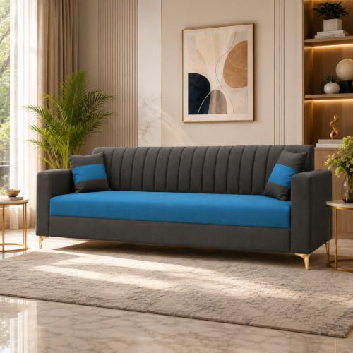 Image of FURNY Signature Regalia 3 Seater Sofa Set | Boston Fabric | 40D Foam + Zigzag Spring | 3-Yr Warranty (Ash Grey, Ocean Blue) | Modern Living Luxury Sofa Set for Home, Office & Hotel Spaces