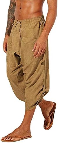 Gafeng Mens Yoga Capri Pants Casual Elastic Waist Drawstring Sports Cotton Linen Boho Harem 3/4 Pants with Pockets