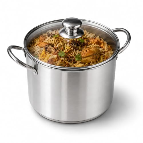 Image of Get Plumm Stainless Steel Stock Pot 7.6 Litre | 32.5x24x21 | Handi /Biryani Pot | Induction Bottom | Cook and Serve Pot | Casserole | Cooking Pot | 100% Toxin Free | Silver