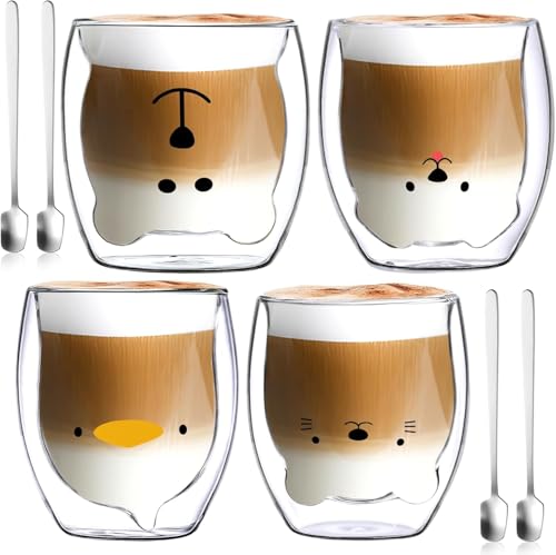 NCKIHRKK Kawaii Latte Macchiato Gläser, 4x250ml Doppelwandige Gläser mit Löffel, Doppelwandige Kaffeegläser, Doppelwandig Kaffeeglas Teegläser Thermogläser für Cappuccino, Latte,Macchiato, EIS, Milch