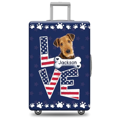 Custom Dog Luggage Cover Suitcase Protector Airedale Terrier with American Flag LOVE Design Machine Washable Travel Suitcase Cover Fits 18-32 Inch