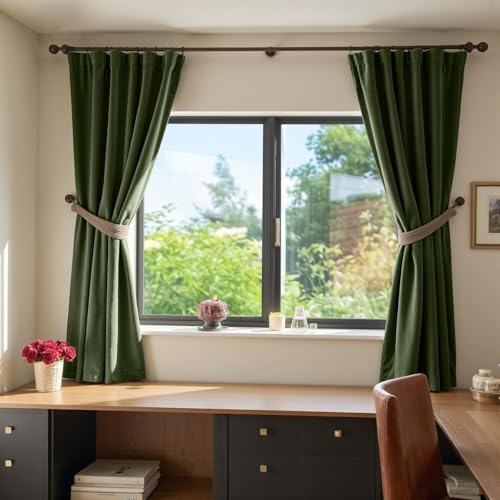 Image of Moss Earthy Curtains Luxury Rod Pocket 52x72 Inch 2 Panels | Soft Velvet, Light Filtering, For Small Windows, Kitchens & Bathrooms, Light Shifting Texture, Elegant Drape, Calm