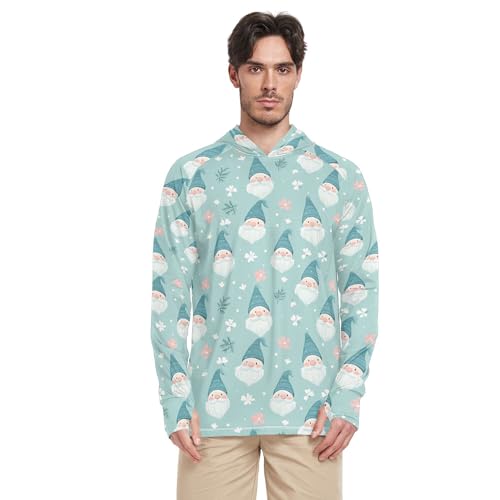 Wudan Cute Gnomes Teal Mens Sun Protection Hoodies Long Sleeve Beach Hoodie Fishing Shirt UPF 50+ S