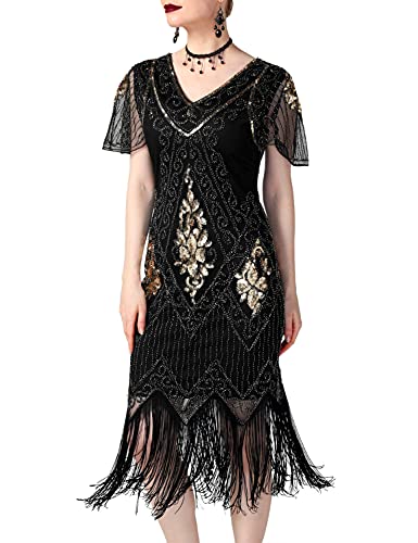 PrettyGuide Women's 1920s Dress Sequin Flapper Dress with Sleeve 3XL Gold