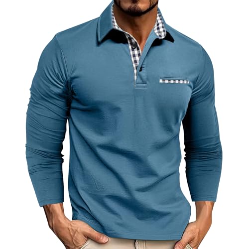 Poloshirt Herren Langarm Regular Fit Polo Langarmshirt Mit Tasche Klassisches Baumwolle Leichtes Casual Poloshirts Herbst Winter Slim Fit Männer Hemd Sport Golf T-Shirt Freizeit Pullover A Hellblau XL