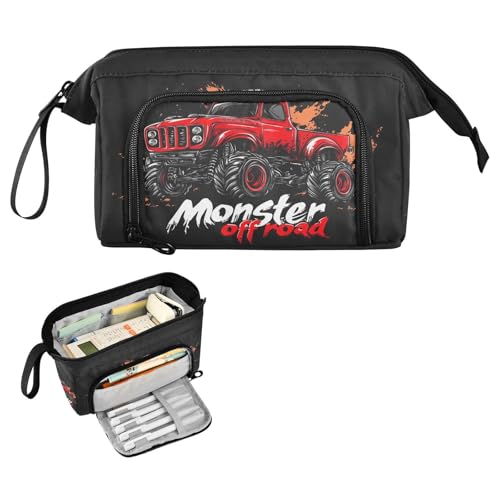 Image of Monster Truck Pencil Case with Full Print & Carry Strap Unique Shape Dual Access Ideal for School Kids Writers Artists Gift Giving & Daily Storage