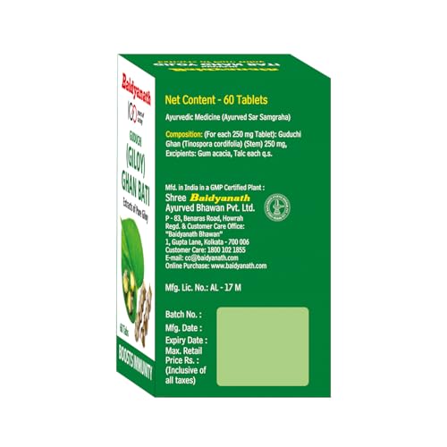 Baidyanath Giloy Ghan Bati 60 Tablets | Boosts Immunity & Digestion | Ayurvedic Guduchi Tablets for Fever, Detox, Acidity & Skin | Herbal Supplement for Health & Wellness | (Pack of 2)