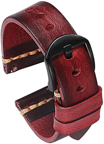 PBCODE Quick Release Leather Watch Bands for Men Handmade Vegetable Tanned Calfskin Vintage Leather Watch Straps 24mm Red Black Buckle
