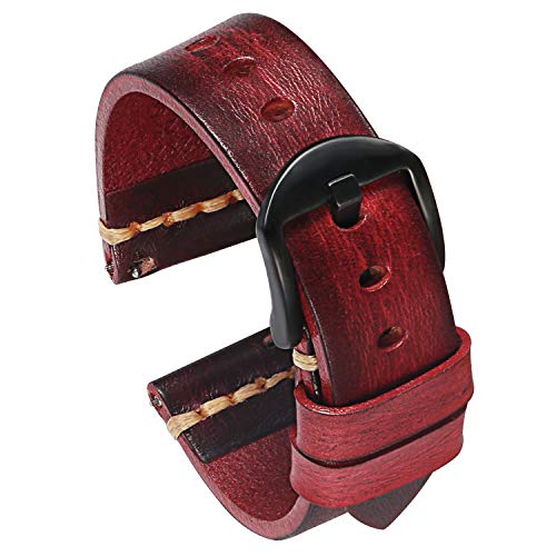 Pbcode Quick Release Leather Watch Bands For Men Handmade Vegetable Tanned Calfskin Vintage Leather Watch Straps 24Mm Red Black Buckle #TOP16