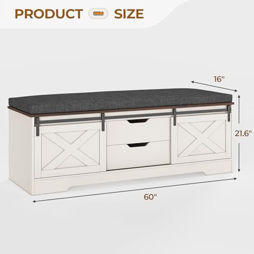 UPOSOJA 60“ Farmhouse Storage Bench with Cushion, Shoe Rack with Slide Barn Doors, Adjustable Shelf and 2 Drawer for Entry, Bedroom, Closet, Living Room, Hallway (White Brown, 60 in) - Thumbnail 2