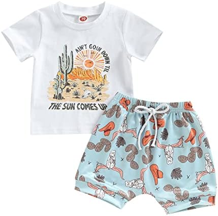 Western Baby Boy Outfit Short Sleeve Cow Print T-Shirt Top Casual Shorts Retro Boho Clothes Cowboy Summer Outfit (White A,2-3T)