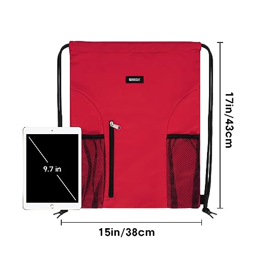 Image of WANDF Drawstring Backpack Sports Gym Sackpack with Mesh Pockets Water Resistant String Bag for Women Men (Red)