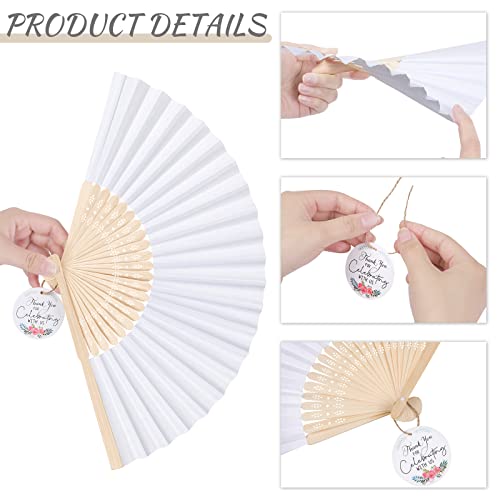 Mceast 120 Pack White Wedding Folding Fans Bamboo Handheld Paper Fan Wedding Hand Fan With Tags And Jute String Fun Diy Baby Shower Gifts & Wedding Favors For Guests, Party And Home Decoration #TOP2